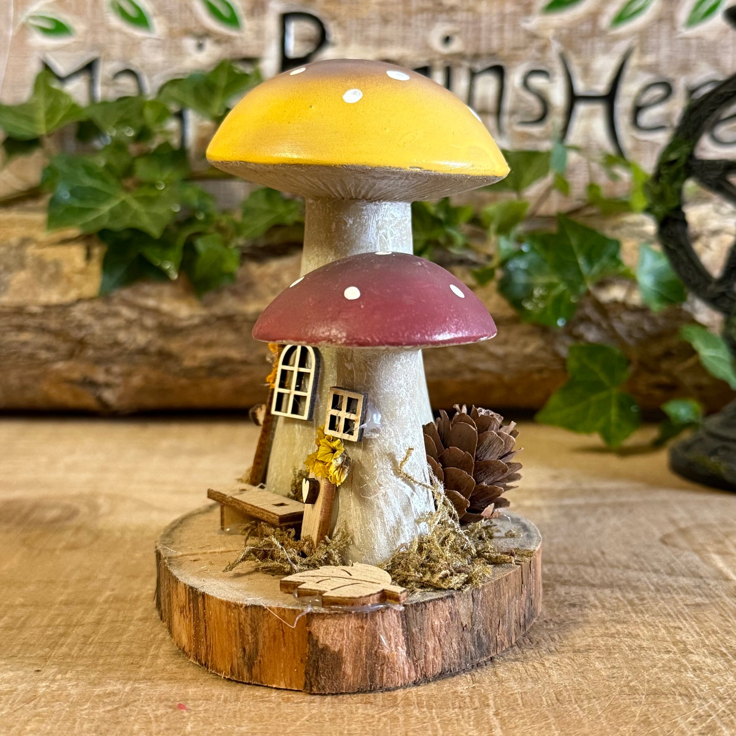 Folk Art Mushroom Two Cottages – Tall Hand Painted Fairy Houses