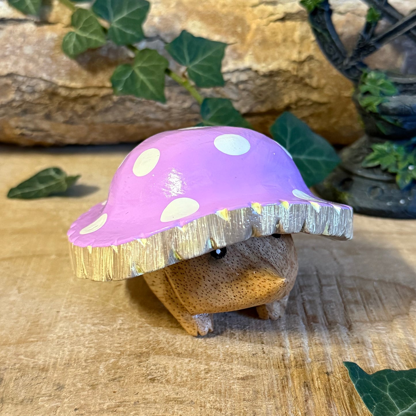 Hand carved wooden mushroom hedgehog ornament with painted toadstool hat, whimsical woodland décor, fairy garden accessory