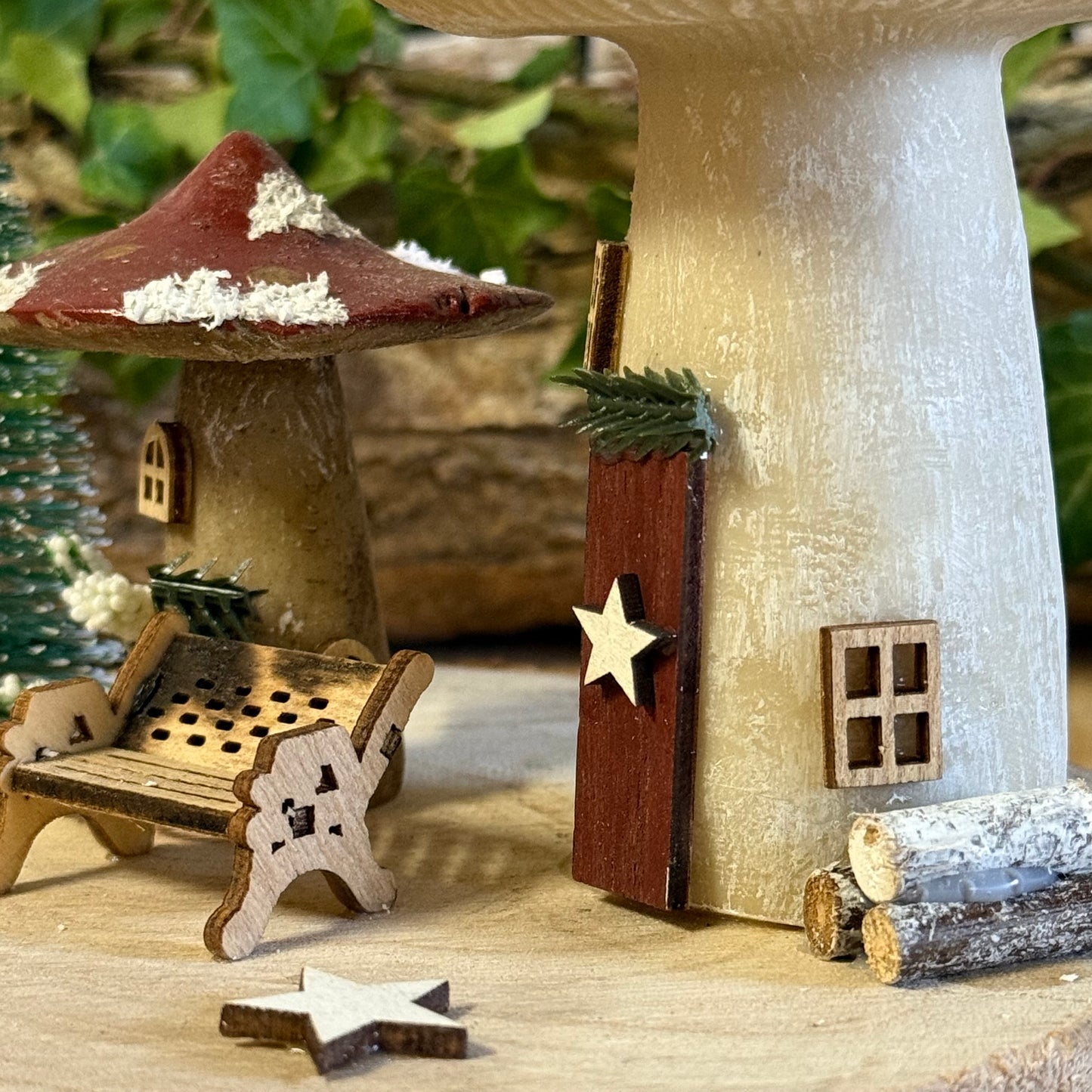 Folk Art Xmas Mushroom Double – Medium Hand Painted Fairy Houses