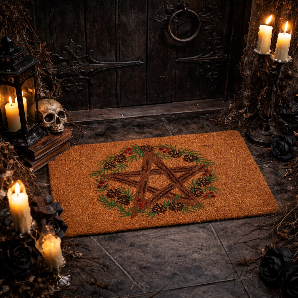 Natural coir Winter Solstice pentagram doormat inspired by pagan Yule rituals. A witchy, gothic welcome mat celebrating rebirth and nature.