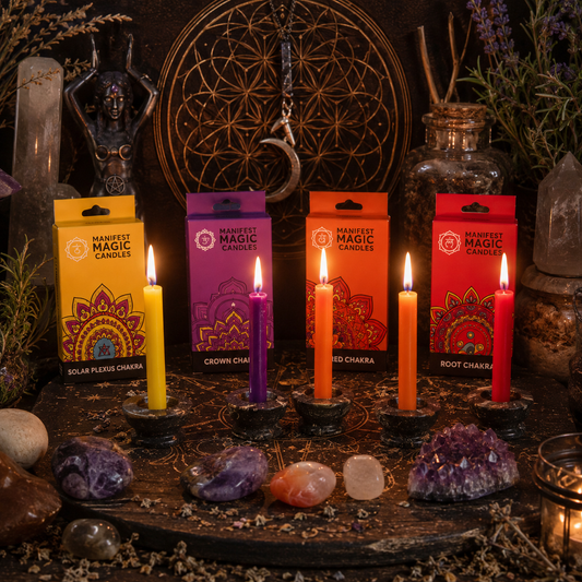 Manifest Magic Chakra Candle Set with 48 ritual candles for chakra healing, meditation, manifestation, spell work and spiritual altar rituals.
