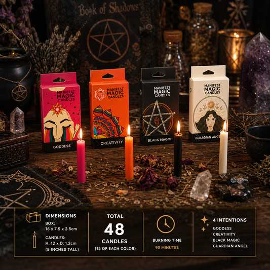 Manifest Magic Spell Candle Bundle with 48 ritual chime candles for protection, creativity, guidance and manifestation. Perfect for altars and rituals.