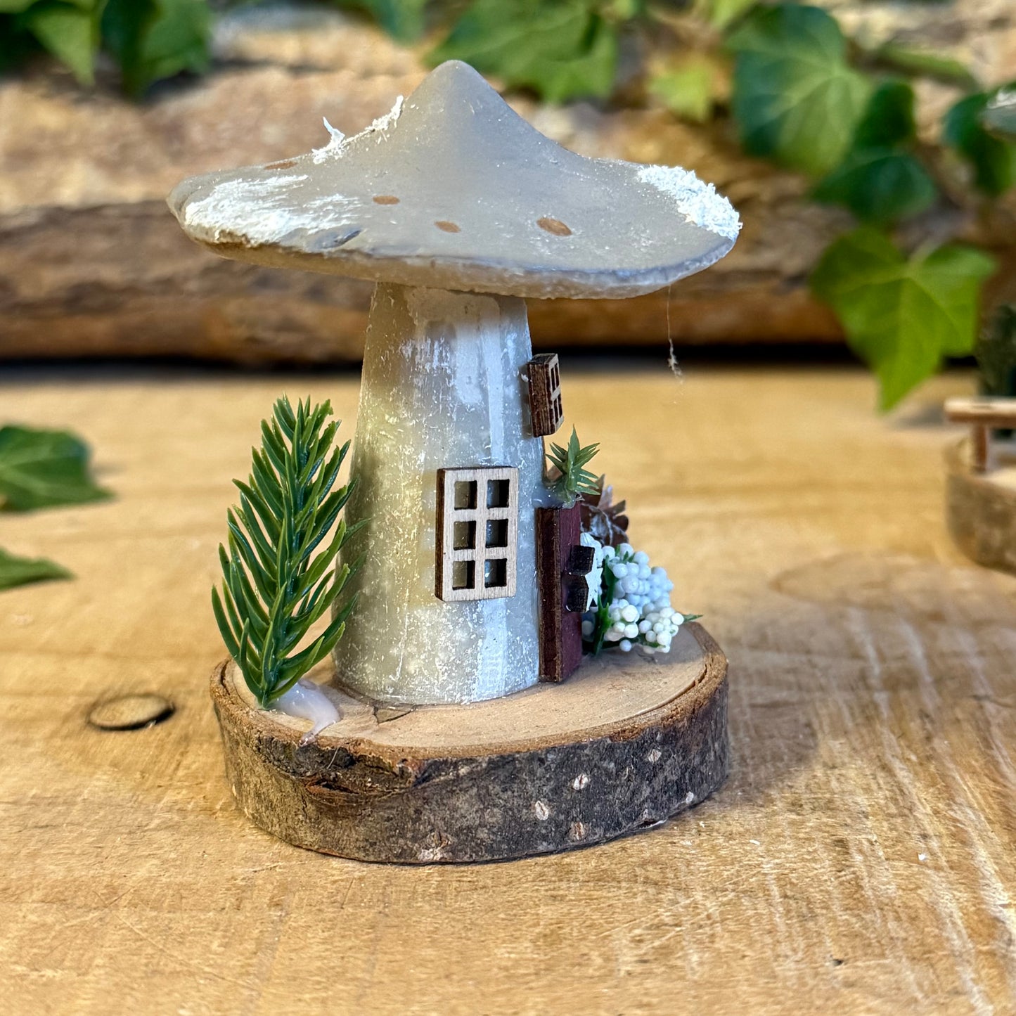 Folk Art Xmas Mushroom Cottage – Small Hand Painted Fairy House