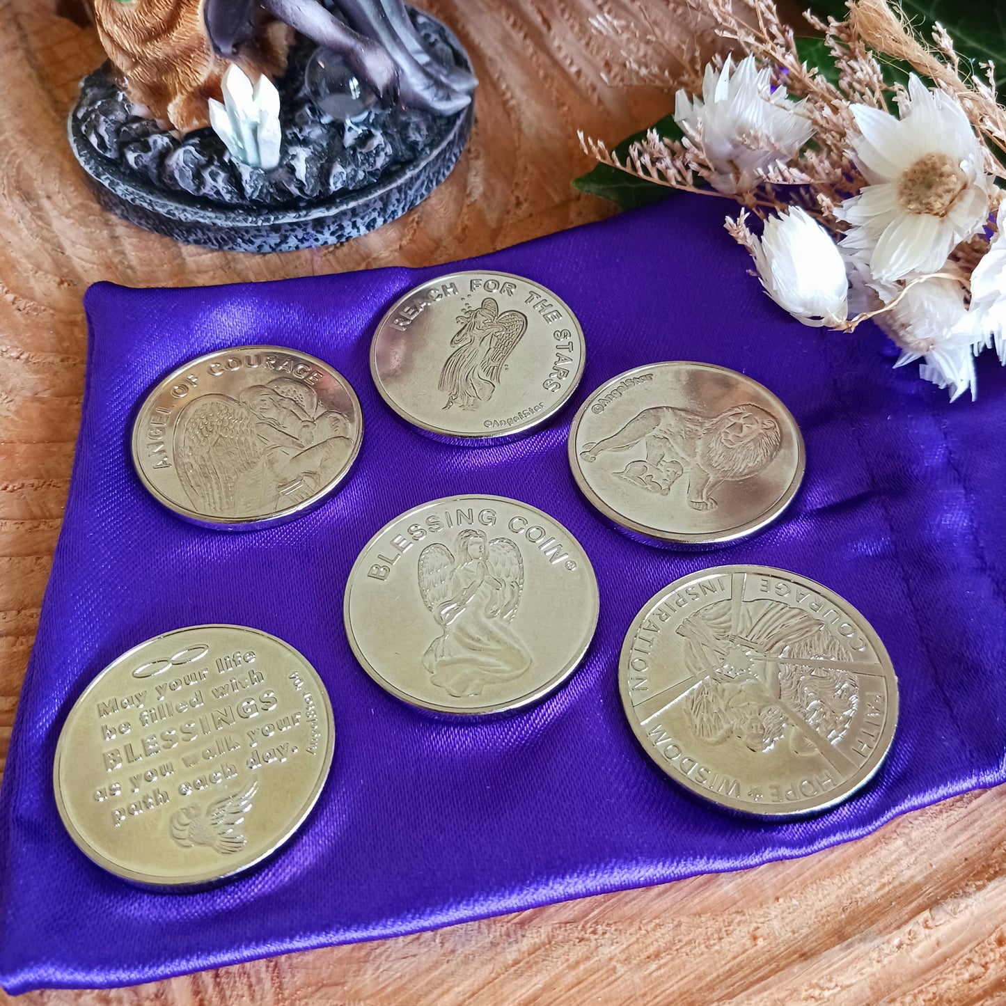 This Blessing Angel coin, whether given or received, conveys its angel blessing on you. The front of the coin shows a kneeling angel with the inscription Blessing Coin. On the back is a dove and the message "May your life be filled with Blessings as you walk your path each day".