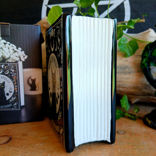 Bring a touch of dark enchantment to your home décor with the Black Cat Spell Book Ceramic Vase. Designed to resemble an ancient magical spell book, this unique ceramic vase transforms fresh flowers, dried stems, or decorative arrangements into a captivating gothic display. Featuring an elegant black cat-inspired design, it’s the perfect statement piece for bookshelves, side tables, mantels, or altar-inspired interiors.