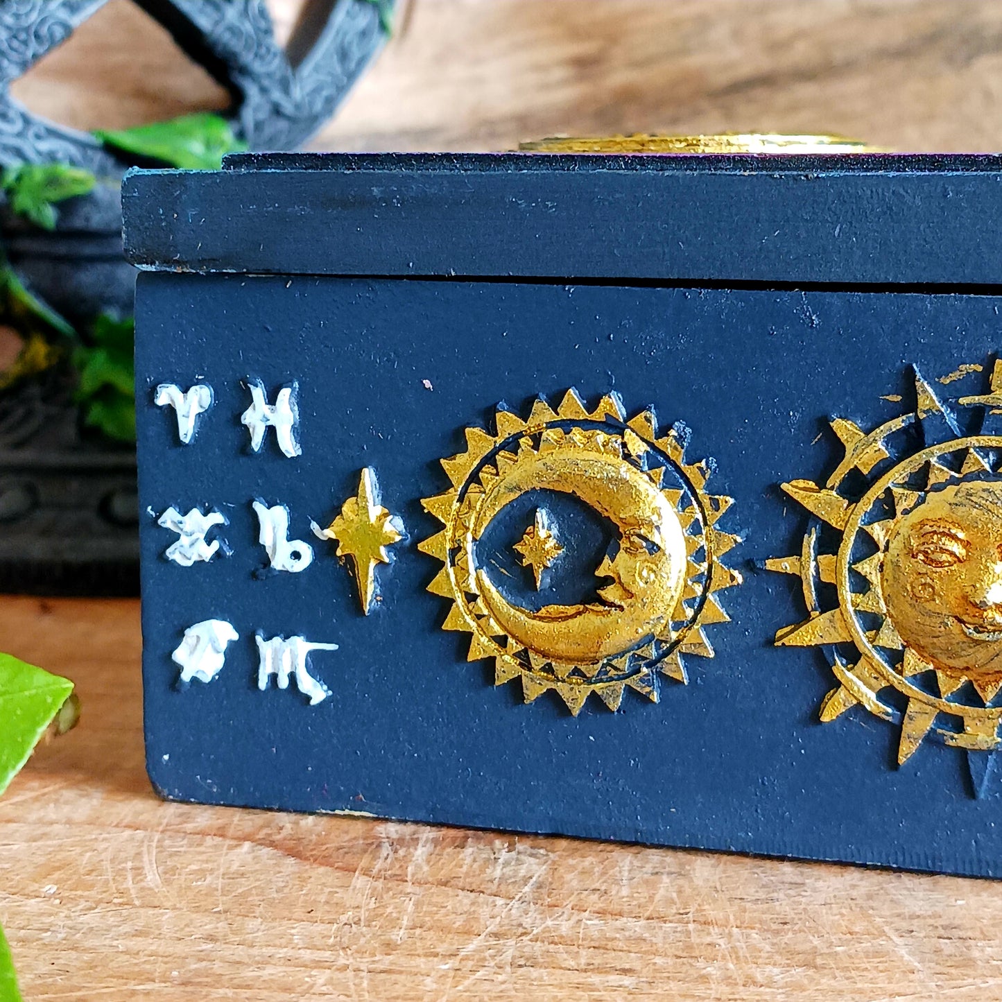 Store crystals, tarot cards & treasures in our celestial Sun and Moon Resin Box. Features gold finish & astrology symbols. A magical storage piece for your altar.