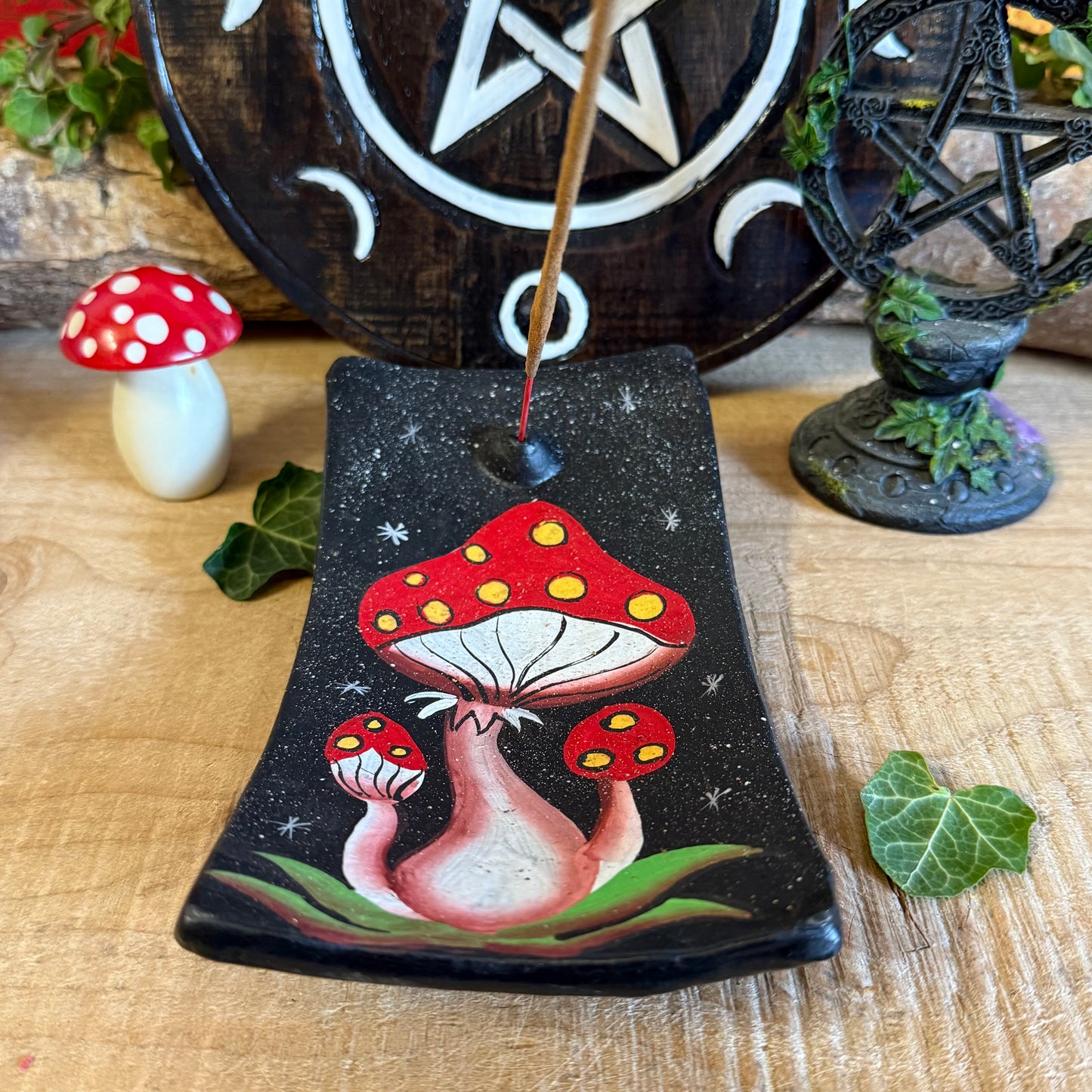 Terracotta Mushroom Incense Holder – Hand Painted Fairy Forest Decor
