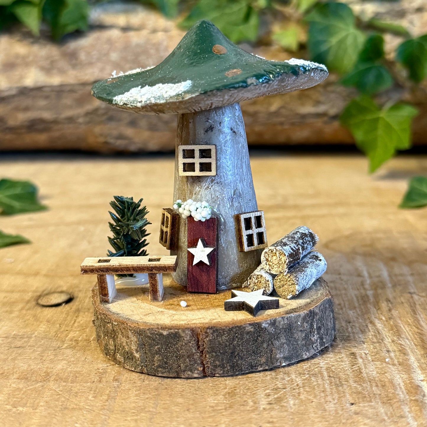 Folk Art Xmas Mushroom Cottage – Small Hand Painted Fairy House
