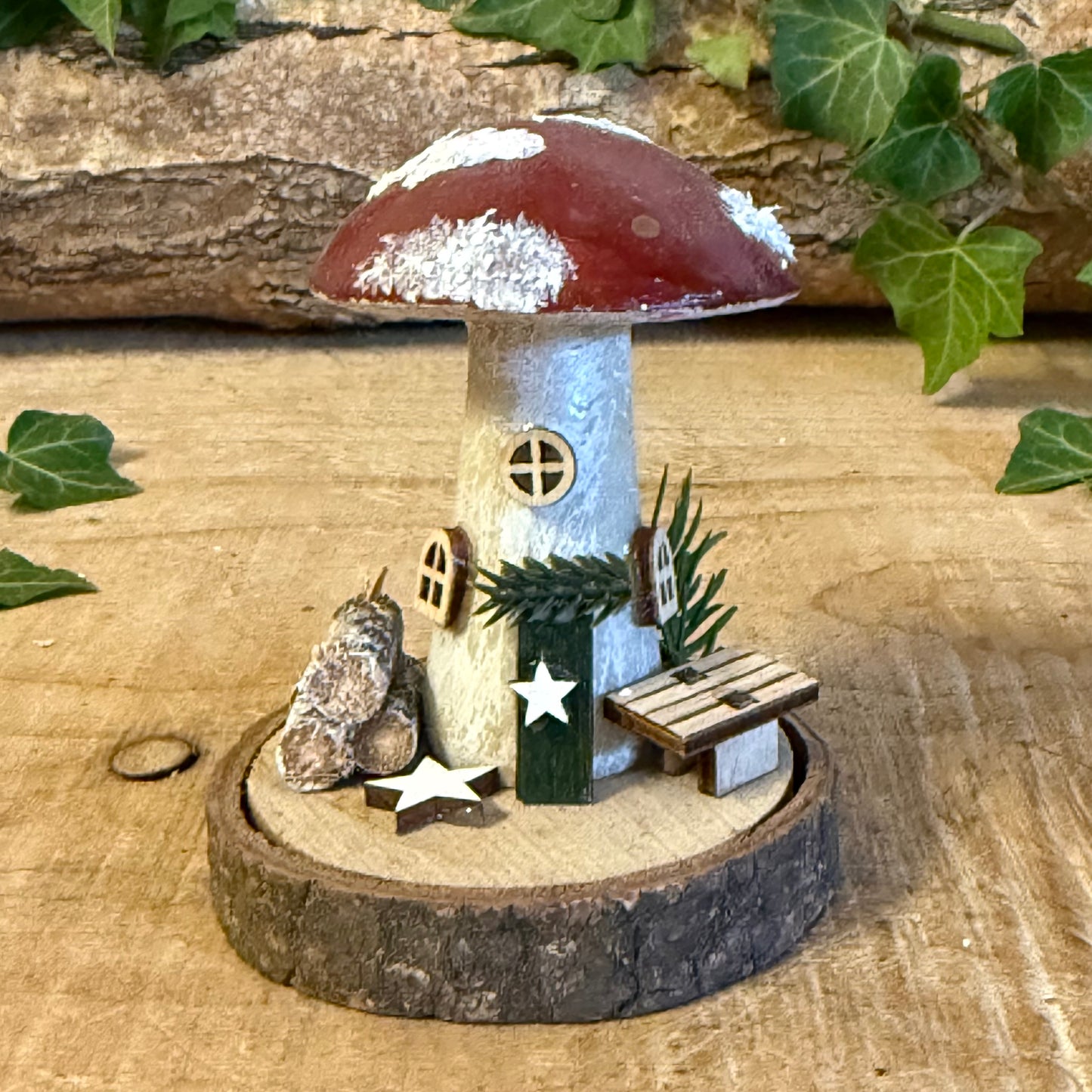 Folk Art Xmas Mushroom Cottage – Small Hand Painted Fairy House