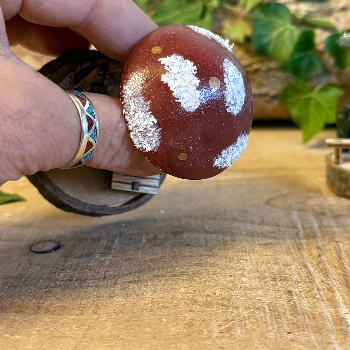 Folk Art Xmas Mushroom Cottage – Small Hand Painted Fairy House