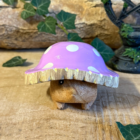 Hand carved wooden mushroom hedgehog ornament with painted toadstool hat, whimsical woodland décor, fairy garden accessory