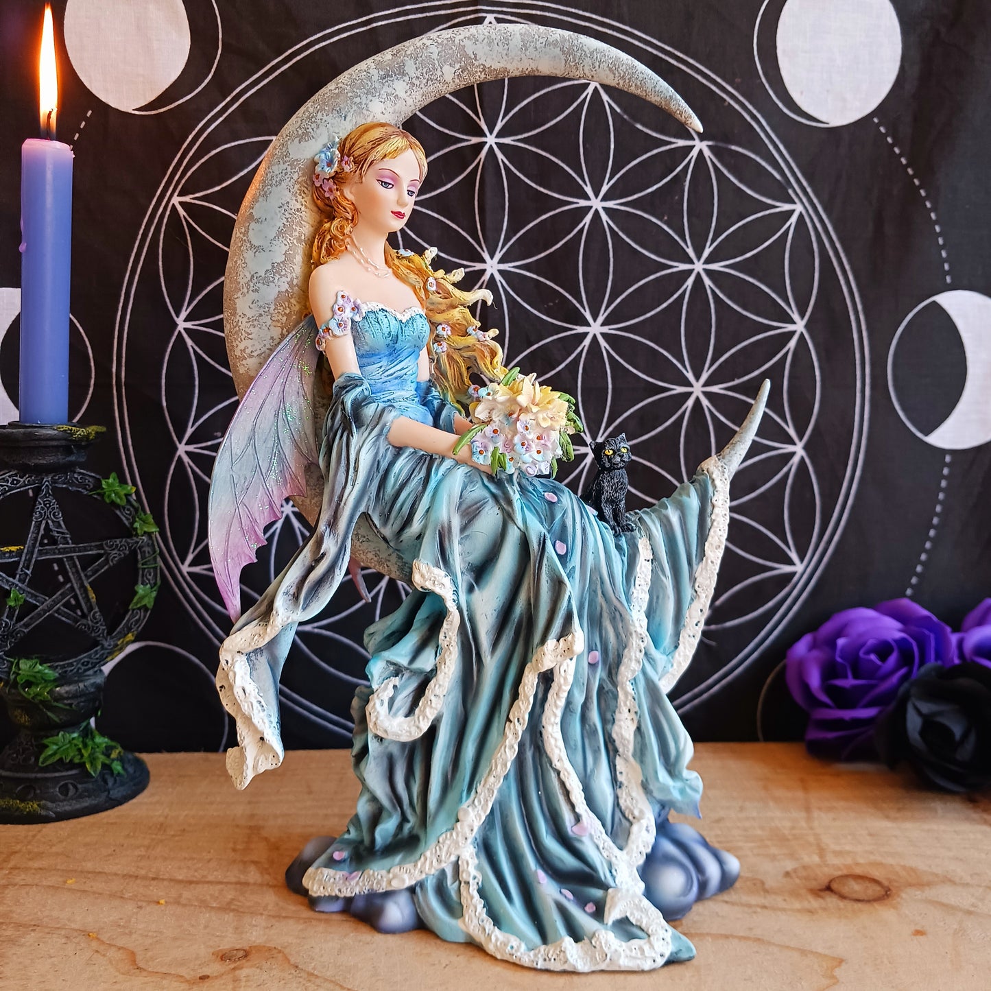 Wind Moon Blue Crescent Moon Fairy and Cat Companion Figurine