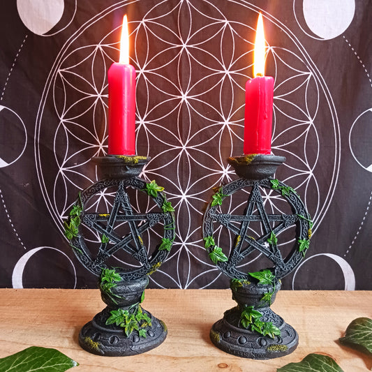 Set of 2 Wiccan Pentagram Candlesticks | Witch Candle Holders