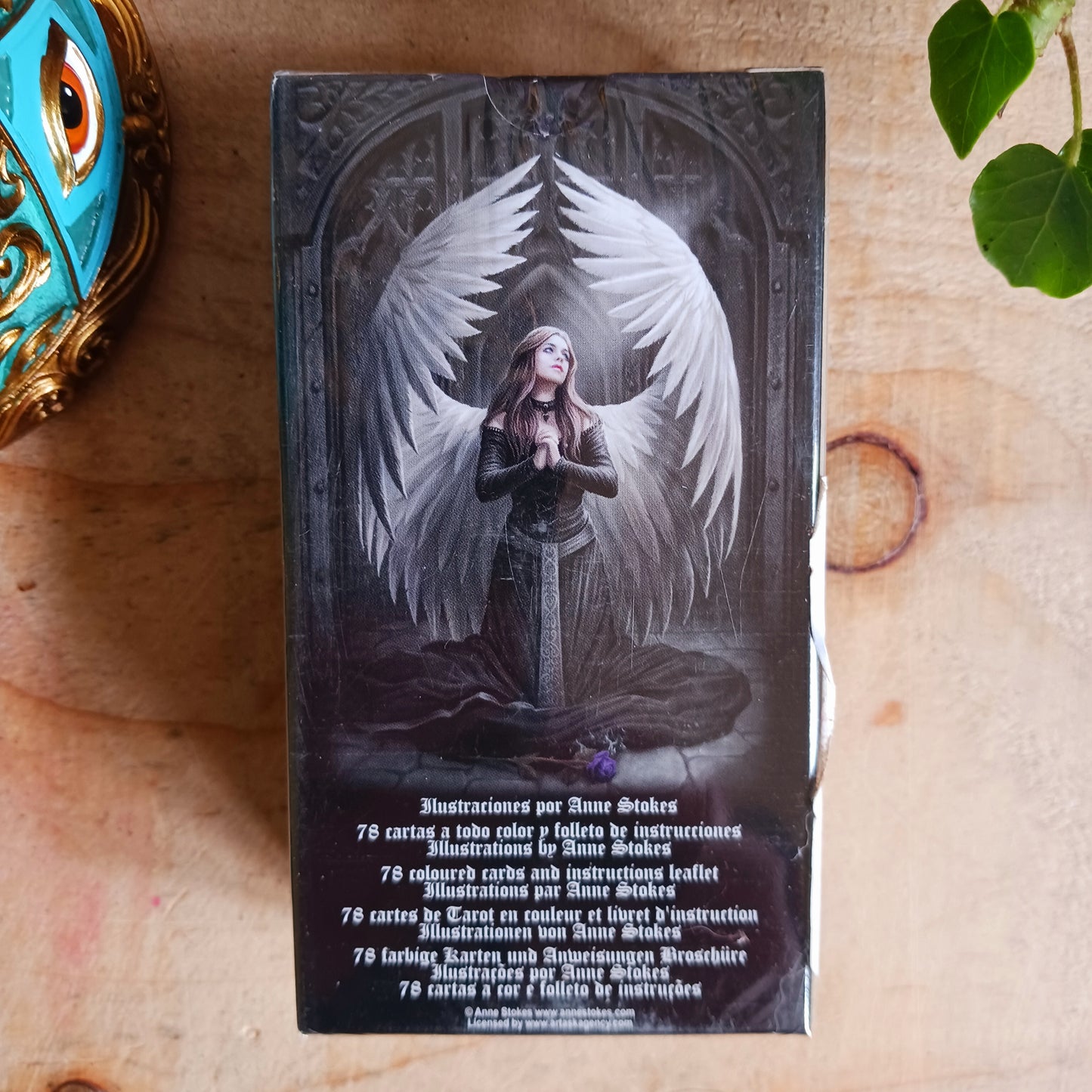 This exquisitely crafted deck offers a captivating gothic twist on the traditional Rider-Waite-Smith suits. The wands are themed to mighty dragons. Cunning vampires have replaced the cups. Skeletons stand in for pentacles, and the swords have become angels. 