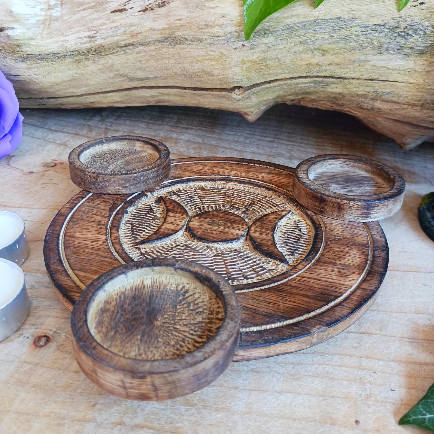 Triple Moon Wooden Tealight Candle Holder