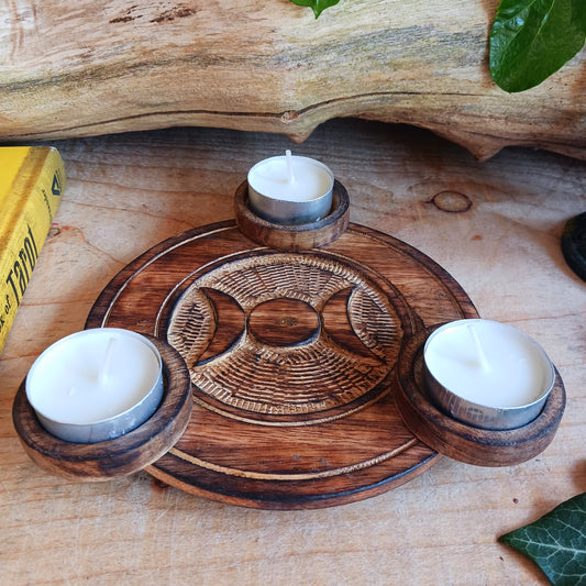 Triple Moon Wooden Tealight Candle Holder