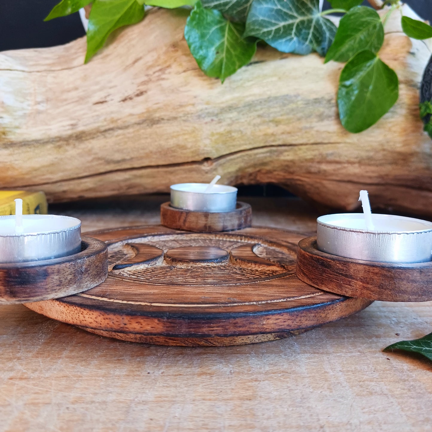 Triple Moon Wooden Tealight Candle Holder