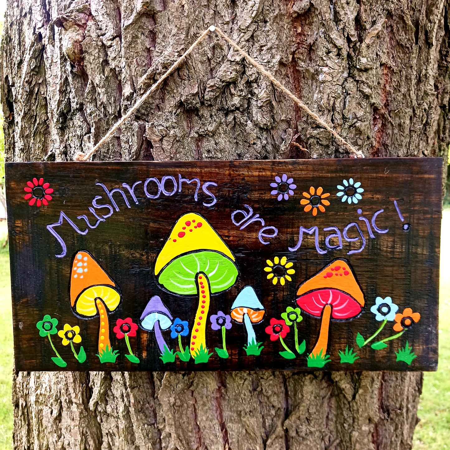 This stunning wall plaque features vibrant hand painted wildflowers and giant mushrooms, beautifully displayed on contrasting dark wood.