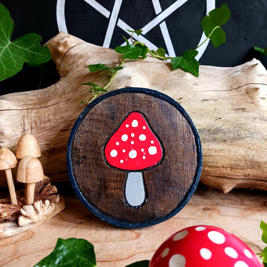 This cute and colourful mini plaque features a single hand painted fly agaric mushroom that will brighten up any room or outhouse.&nbsp; The plaque comes complete with a handy hanging hook.