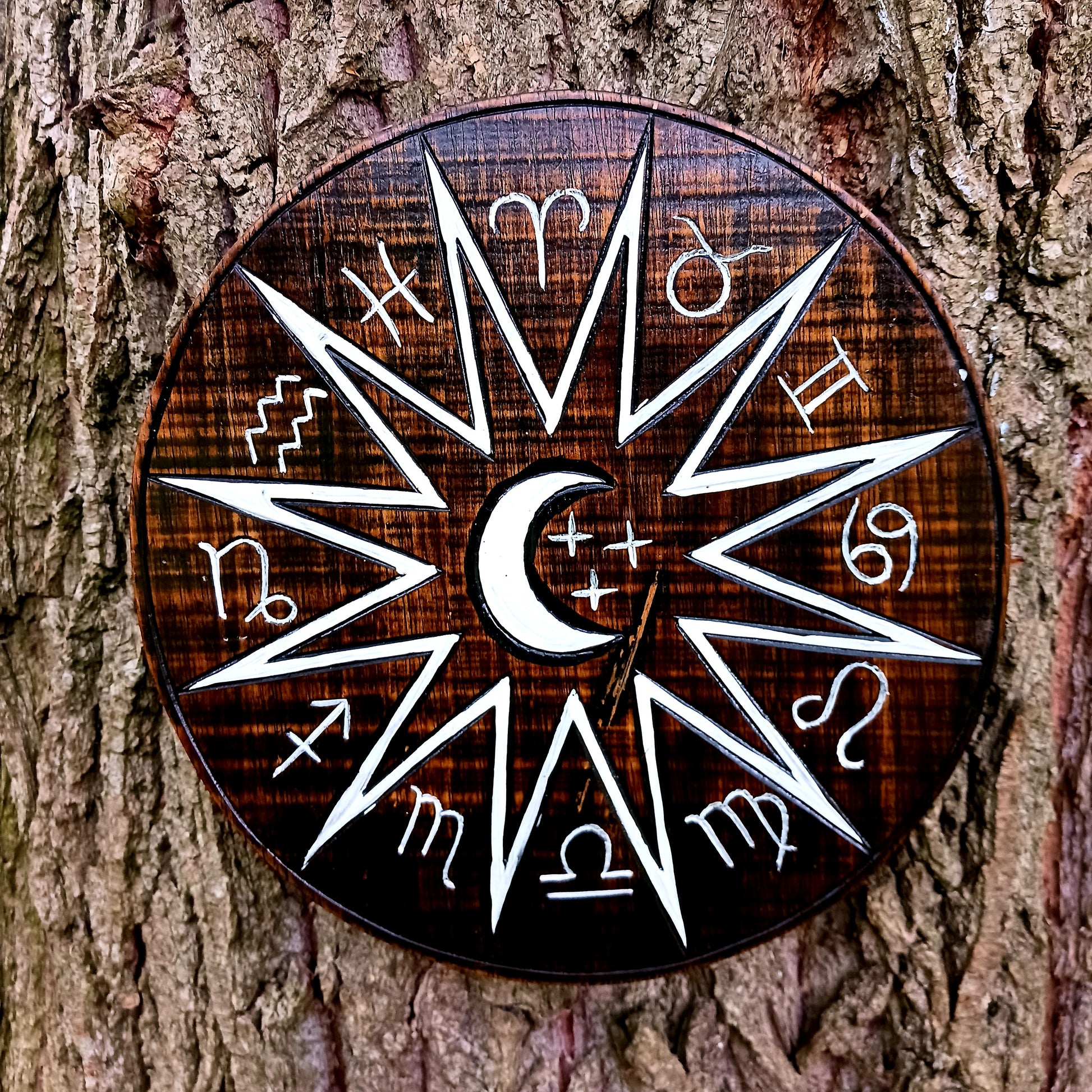 Hand carved and hand painted, this wooden wall plaque features a crescent moon and zodiac symbols design. This plaque comes complete with handy hanging hook.