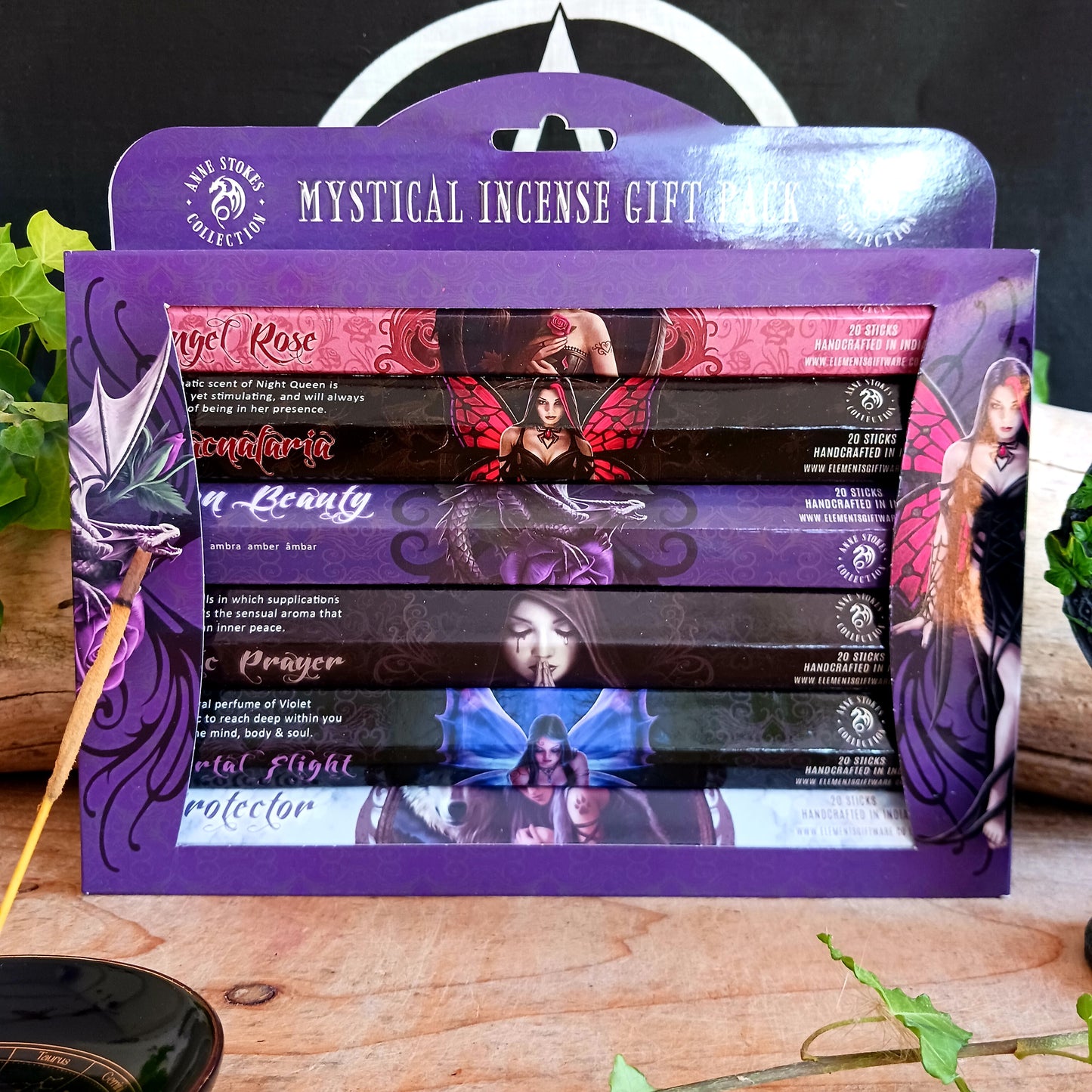 A beautiful gift set of incense sticks from spiritual and fantasy artist Anne Stokes. Each set has 6 hexagonal packs of mystical fragrances, each hexagonal pack contains 20 incense sticks. Fragrances include:  Dragon Beauty - In the dark caverns where dragons live, the soothing honey sweet fragrance of amber permeates all  Angel Rose - The aromatic and unmistakable perfume of red rose fills the air whenever she is near  Immortal Flight - The floral perfume of violet has the magic to reach deep within you an