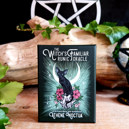 The Witch's Familiar Runic Oracle card deck by Athene Noctua includes 24 cards and an informative guidebook.&nbsp; Owls, ravens, snakes, and other magical animals dance across these cards. Each animal embodies the meanings, qualities, and energies of the various runes they have been chosen to symbolize. These cards are perfect for daily divination practice or as a tool to focus energy during rituals and ceremonies. Ask the cards for guidance, luck, protection, or new love.