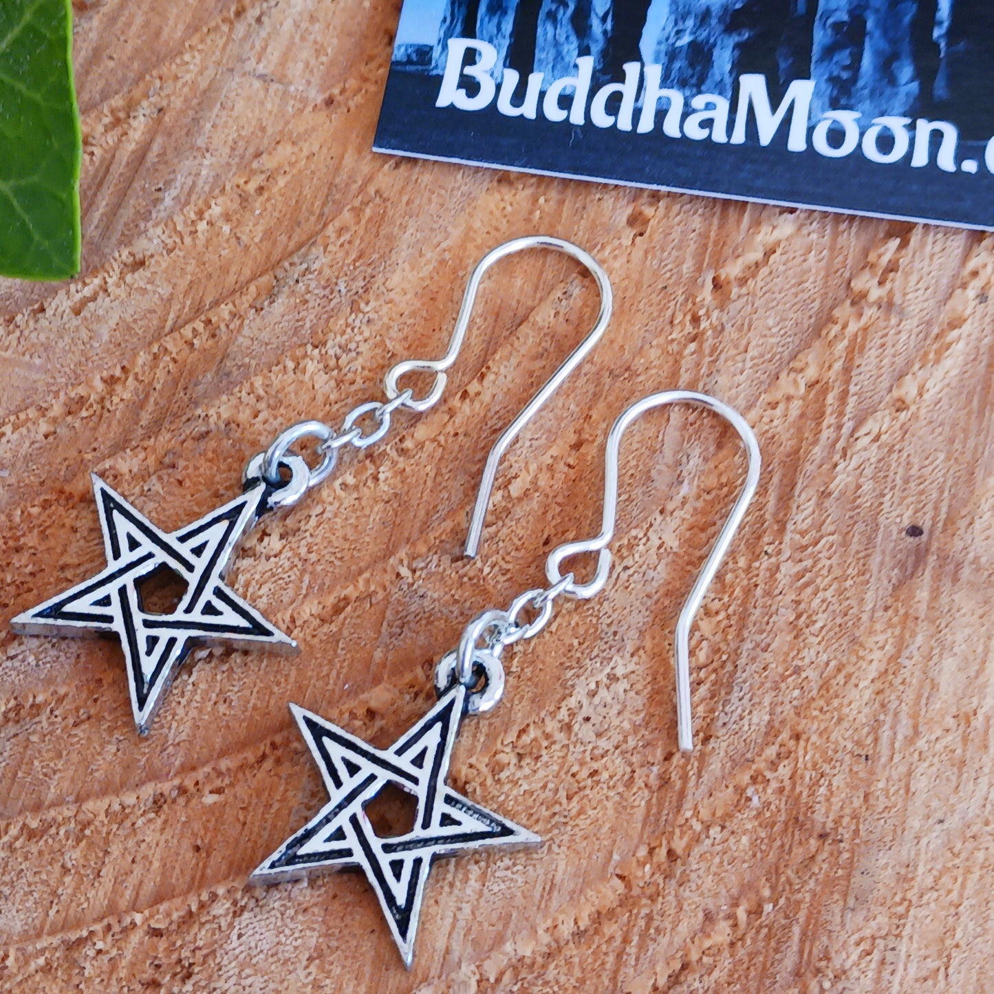 A pair of small, black enameled pewter pentagrams suspended a on fine chain and stainless steel ear-wires.