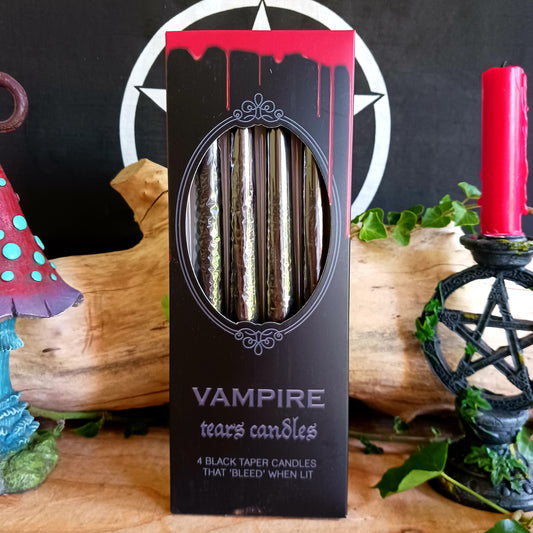 These packs of 4 Vampire Tears candles will enhance any Gothic home. With an approximate burn time of 2 hours per candle, once these black candles are lit and the wax begins to melt it turns red giving them their name 'Vampire Candles'.