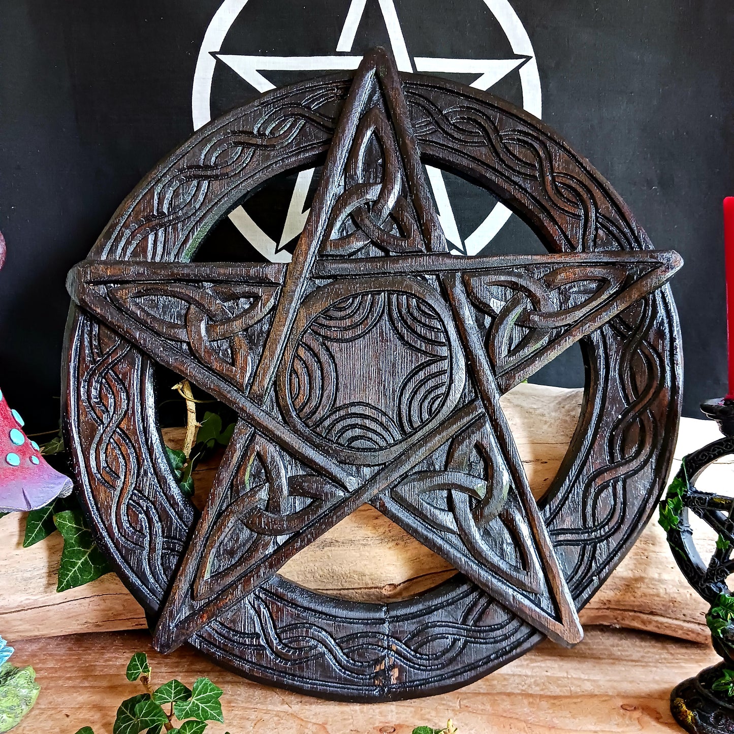 This beautiful wooden pentacle has been handcrafted and decorated with five Triquetra or endless knots which hold a great deal of symbolic meaning including a Christian representation of The Holy Trinity.