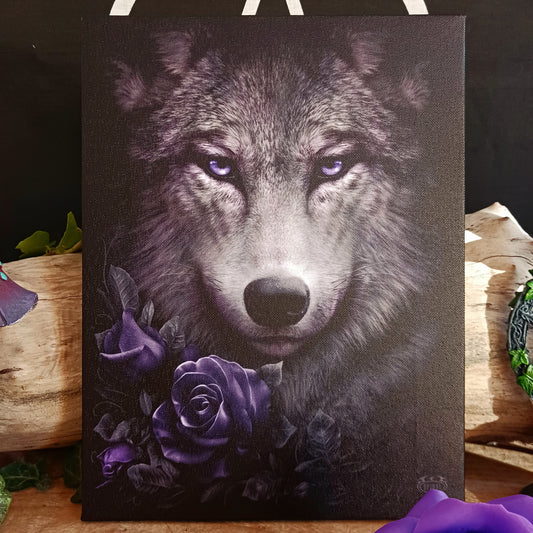 This dark and alluring canvas plaque features a beautiful, majestic wolf accented by purple roses.  This canvas is perfect for lovers of gothic art and those with a fascination for the enigmatic.