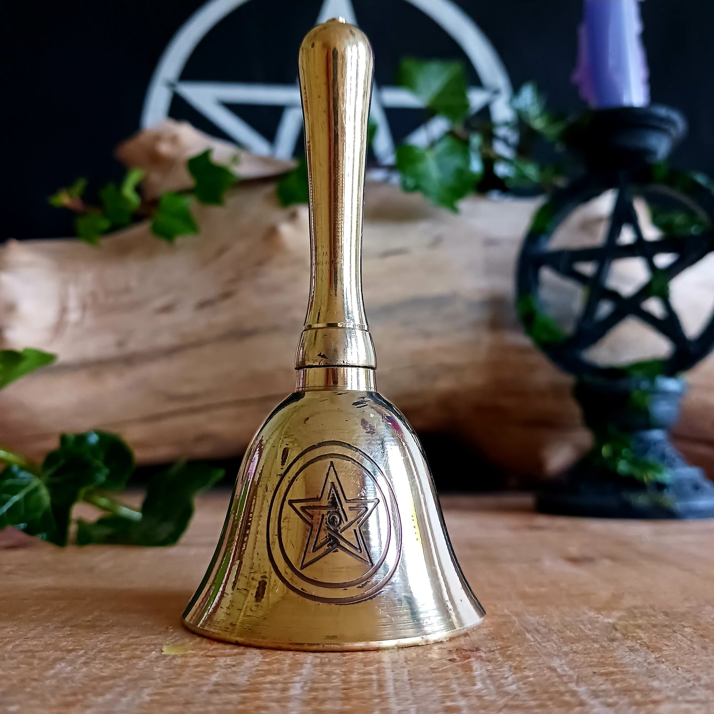 This lovely little bell is made of brass and has an etched pentacle on each side. The bell produces a light, crips ring. This bell can be used to mark the beginning and ending of a meditation session, or it can be used as handbell.