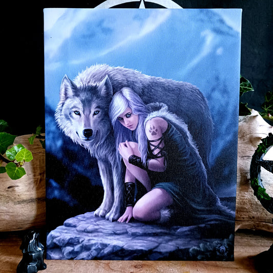 This stunning canvas by Anne Stokes entitled Protector, features a bold wolf protector design that is sure to add strength, power, and protection to any space. The detailed work of world-renowned artist Anne Stokes ensures that the protector is a one-of-a-kind piece, expertly crafted for lasting quality and beauty.