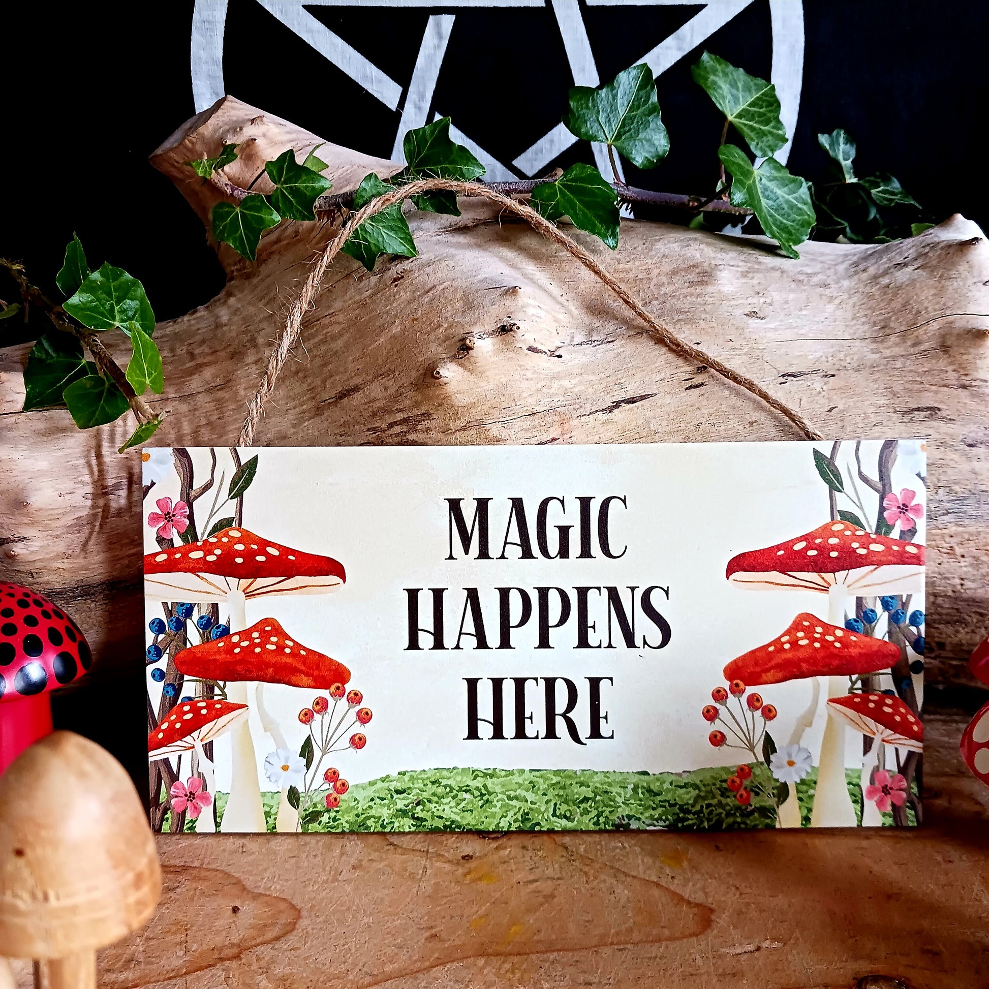 Fill your home with signs of magic - literally- with this sweet hanging sign that gives enchanted forest feels with its whimsical toadstool design.