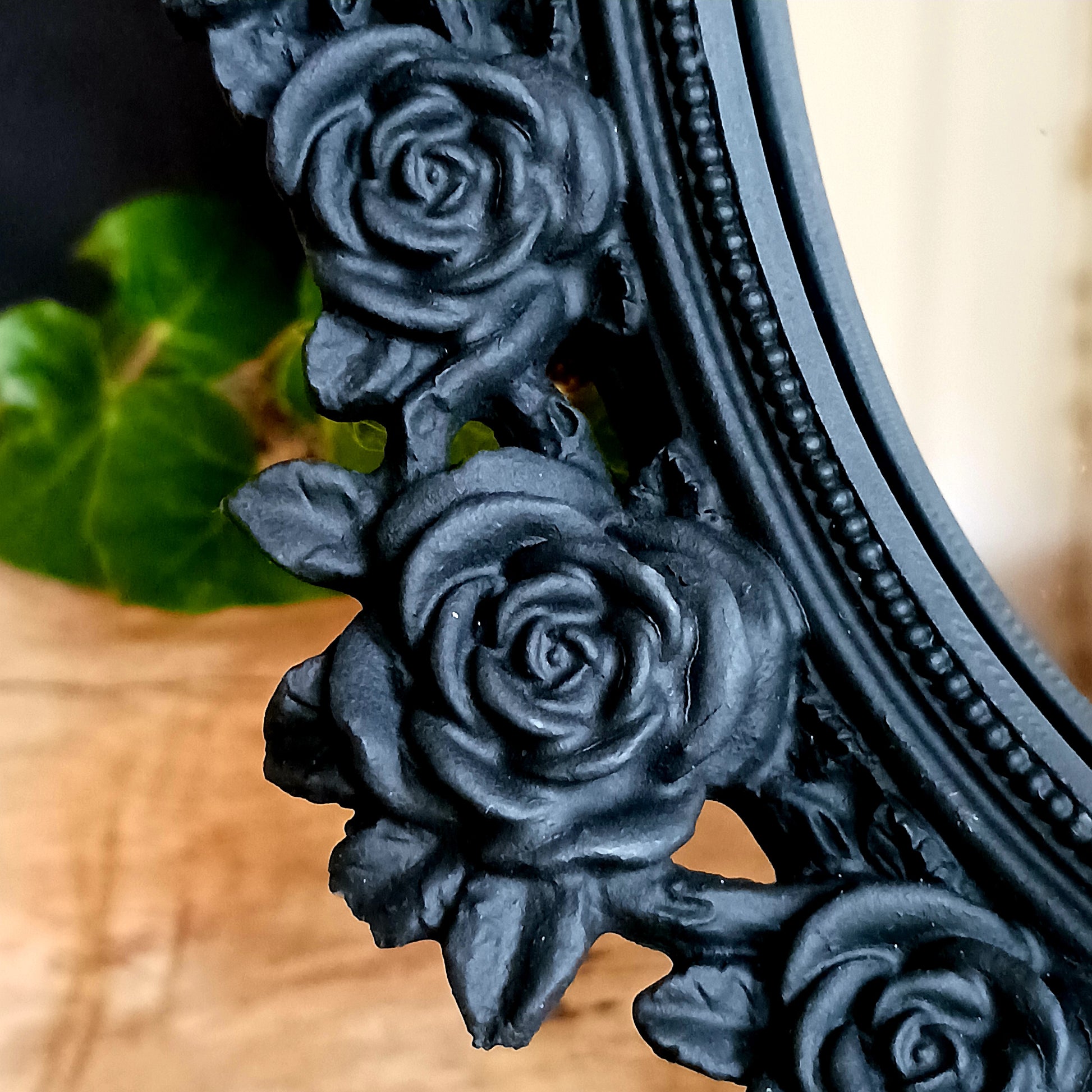 This stunning mirror will make a beautiful addition to your boudoir and dressing table. Delicately decorated with Black Rose detail, this gorgeous mirror is a perfect size for your morning make-up application.&nbsp; It will also make a delectable gift for a loved one!