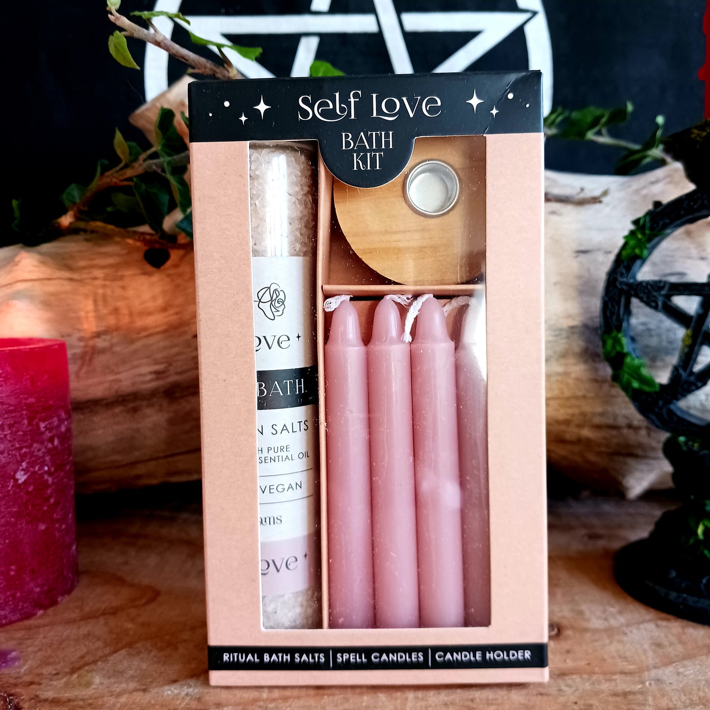 Encourage self-love, inner healing and a renewed sense of appreciation with the Self Love Ritual Bath Kit. The kit features 100g of ritual bath salts, pack of 4 pink spell candles and a candle holder.