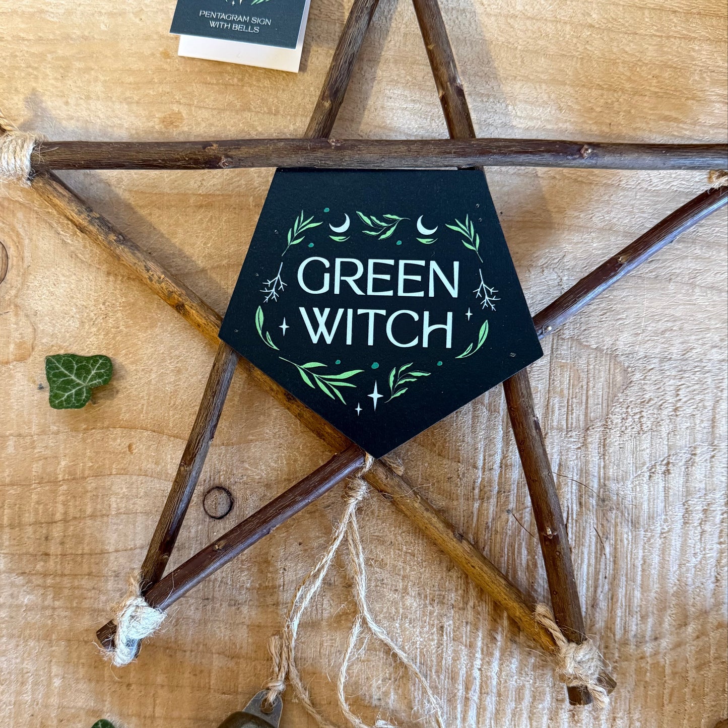 Invite protection and harmony with the Green Witch willow pentagram with bells. Witch bells for cleansing energy, home or garden decor.