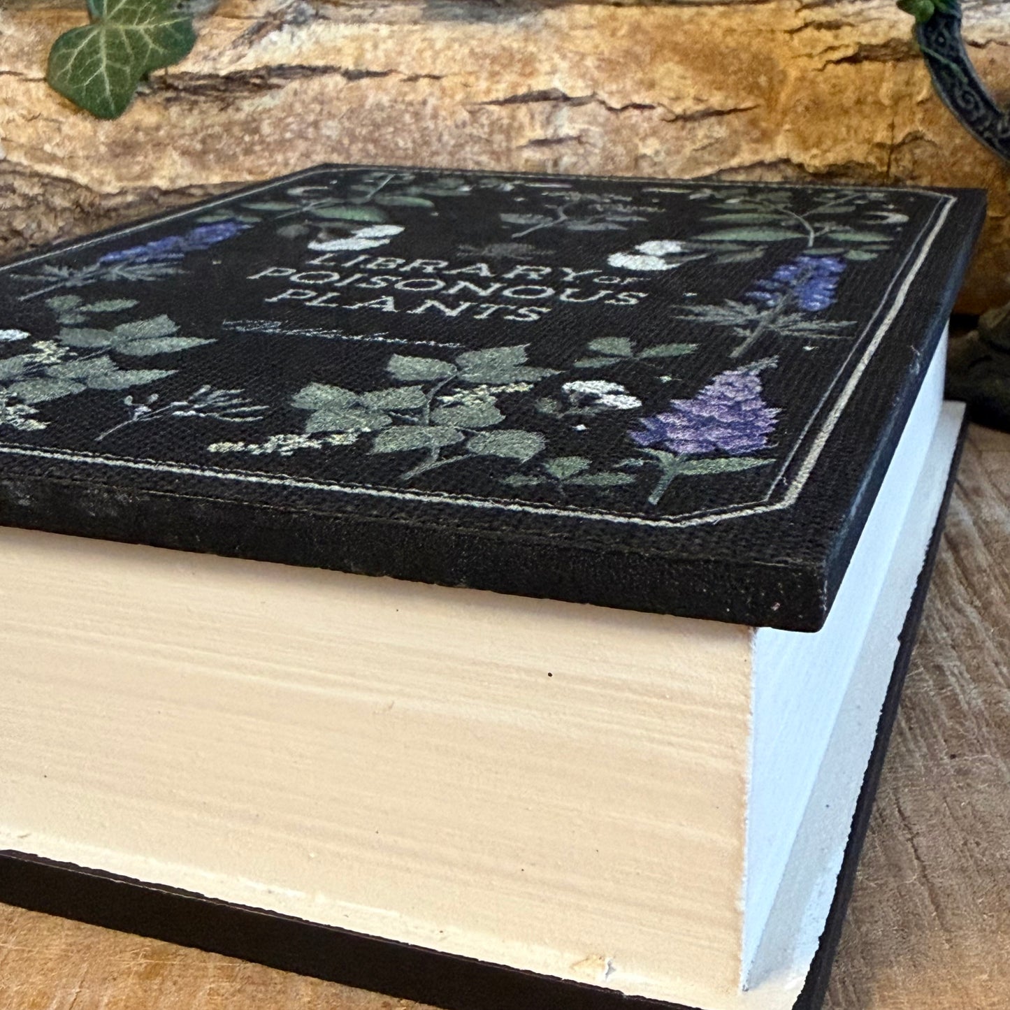 Hide treasures in the Library of Poisonous Plants book shaped storage box. Gothic botanical MDF keepsake box for secret storage and decor.