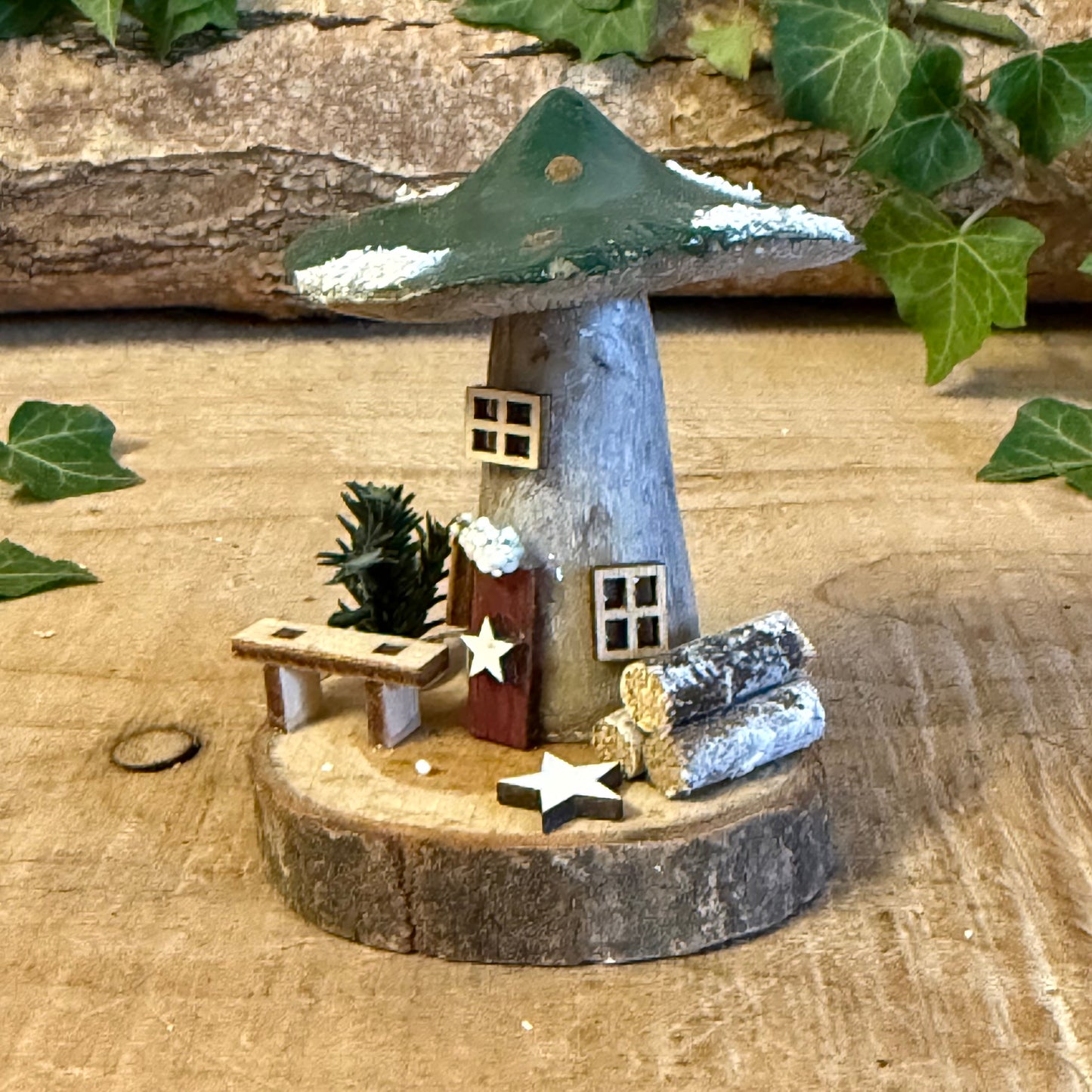Folk Art Xmas Mushroom Cottage – Small Hand Painted Fairy House
