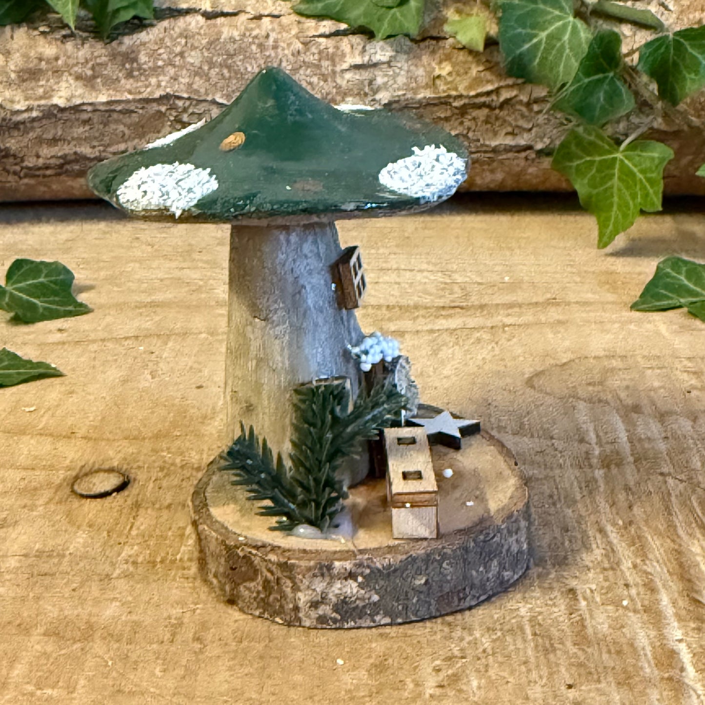 Folk Art Xmas Mushroom Cottage – Small Hand Painted Fairy House