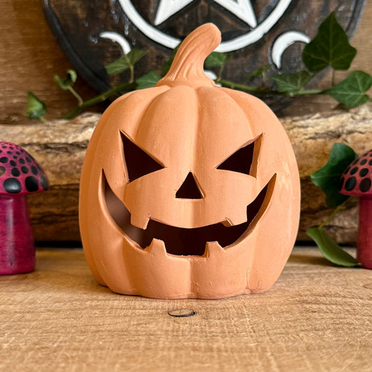 From Buddha Moon, this 12.5cm terracotta pumpkin ornament is the perfect addition to your Halloween décor. Featuring a classic jack-o’-lantern design, it holds a tealight candle to cast a spooky, warm glow indoors or outdoors. Ideal for mantels, tables, patios, or garden displays, this pumpkin combines traditional craftsmanship with festive charm. Durable and stylish, it enhances your Halloween celebrations year after year.