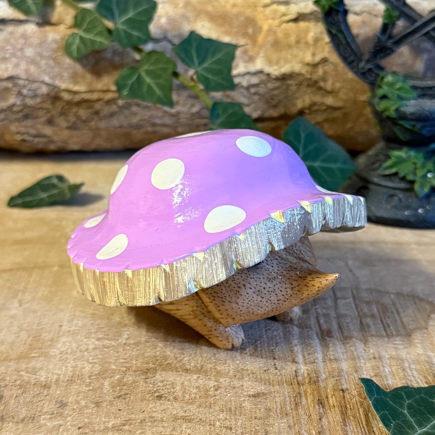 Hand carved wooden mushroom hedgehog ornament with painted toadstool hat, whimsical woodland décor, fairy garden accessory