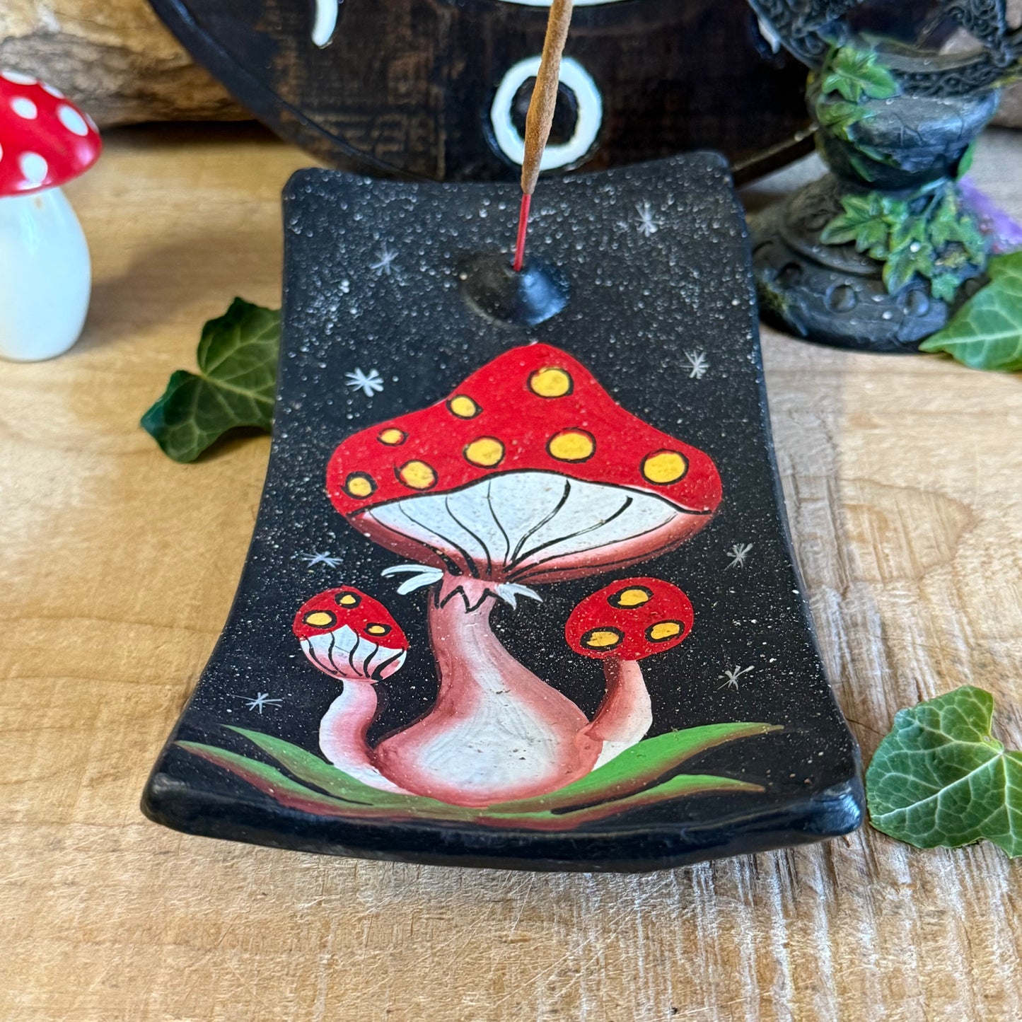 Terracotta Mushroom Incense Holder – Hand Painted Fairy Forest Decor