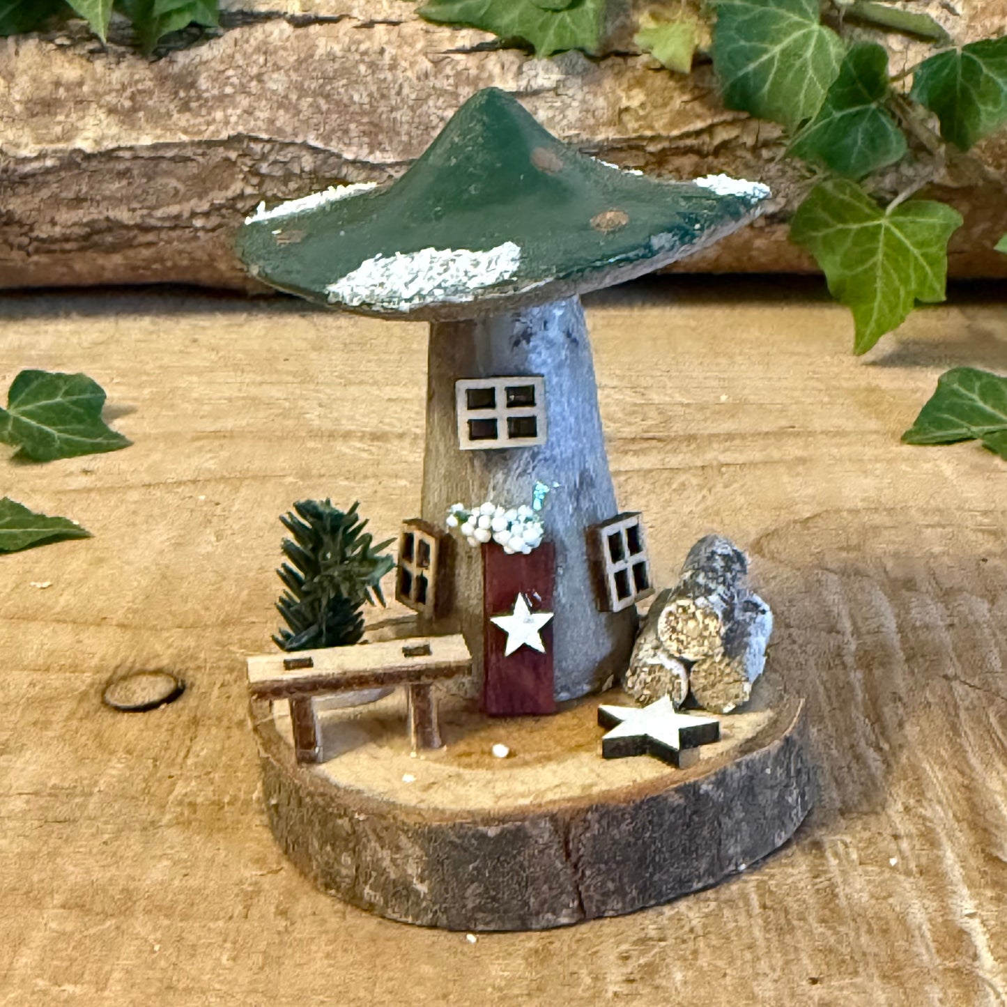 Folk Art Xmas Mushroom Cottage – Small Hand Painted Fairy House