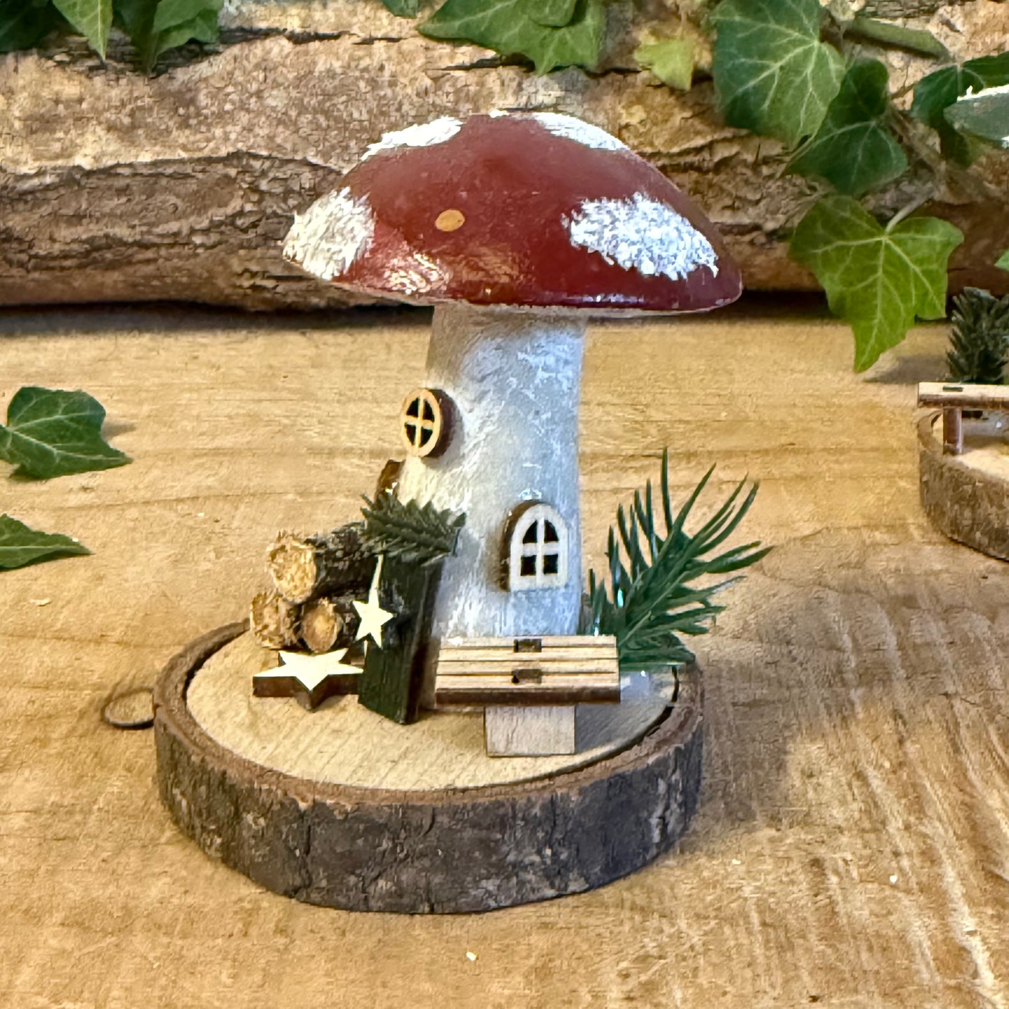 Folk Art Xmas Mushroom Cottage – Small Hand Painted Fairy House