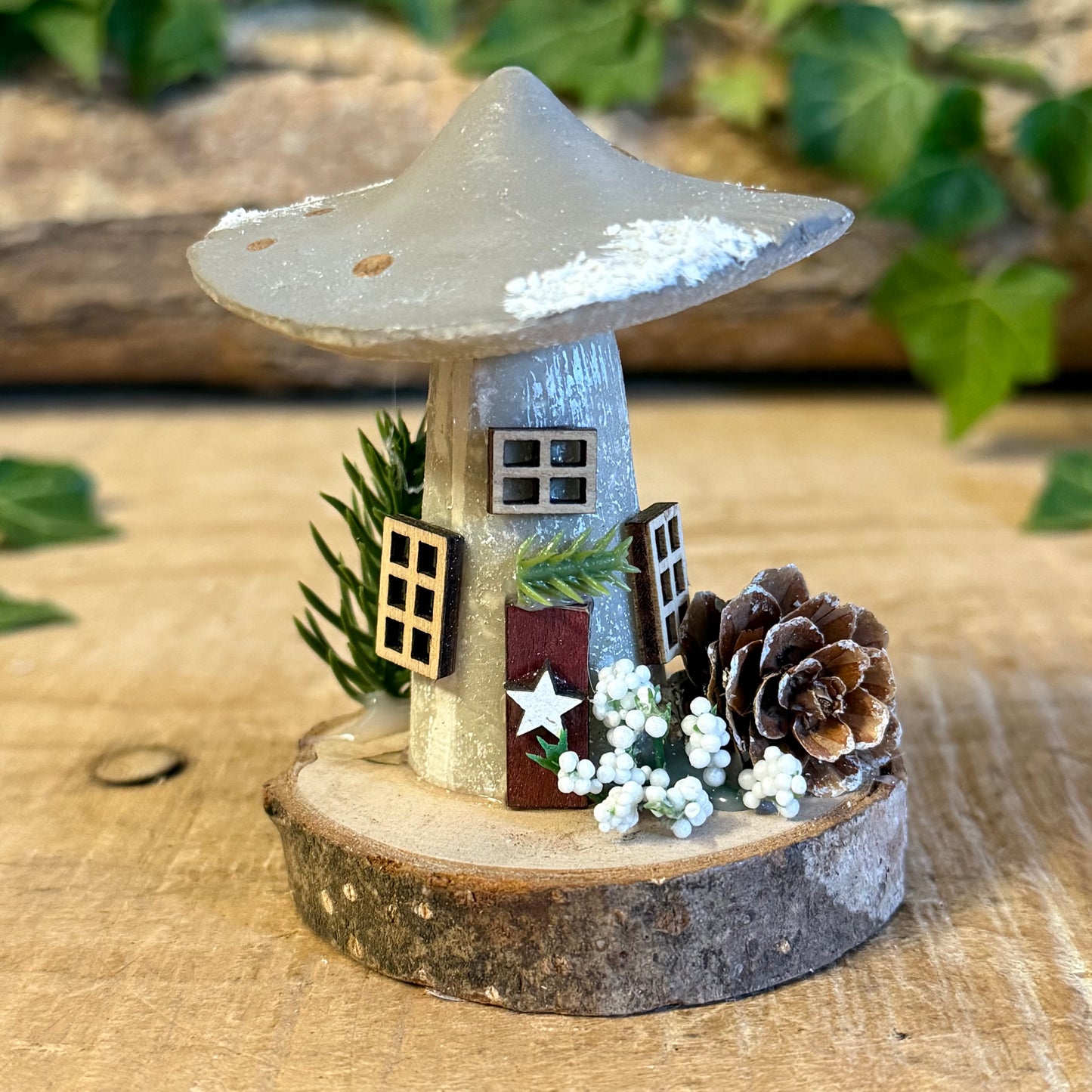 Folk Art Xmas Mushroom Cottage – Small Hand Painted Fairy House