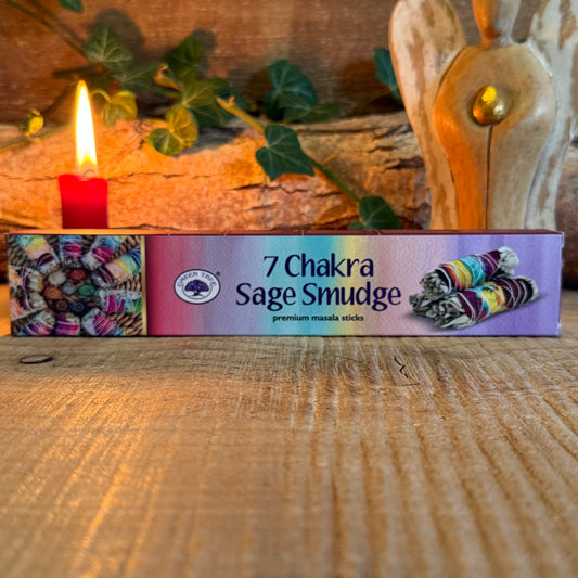 Cleanse your energy and restore balance with Green Tree 7 Chakra Sage Smudge Incense, available at buddhamoon.co.uk. Handcrafted in India using traditional masala methods, each stick combines natural sage with a blend of herbs to harmonize and purify the seven chakras, supporting spiritual, emotional, and physical well-being.