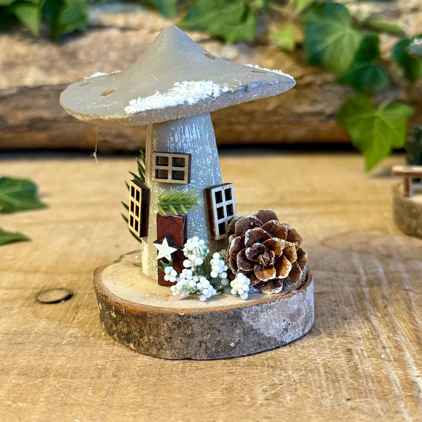 Folk Art Xmas Mushroom Cottage – Small Hand Painted Fairy House