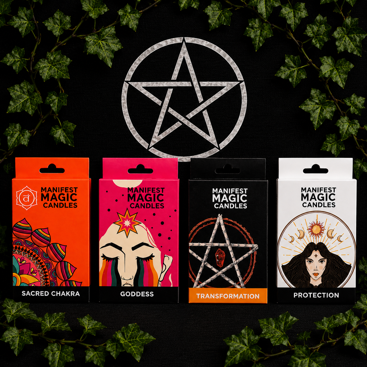 Manifest Magic Spell Candle Bundle with 48 ritual chime candles for protection, creativity, guidance and manifestation. Perfect for altars and rituals.