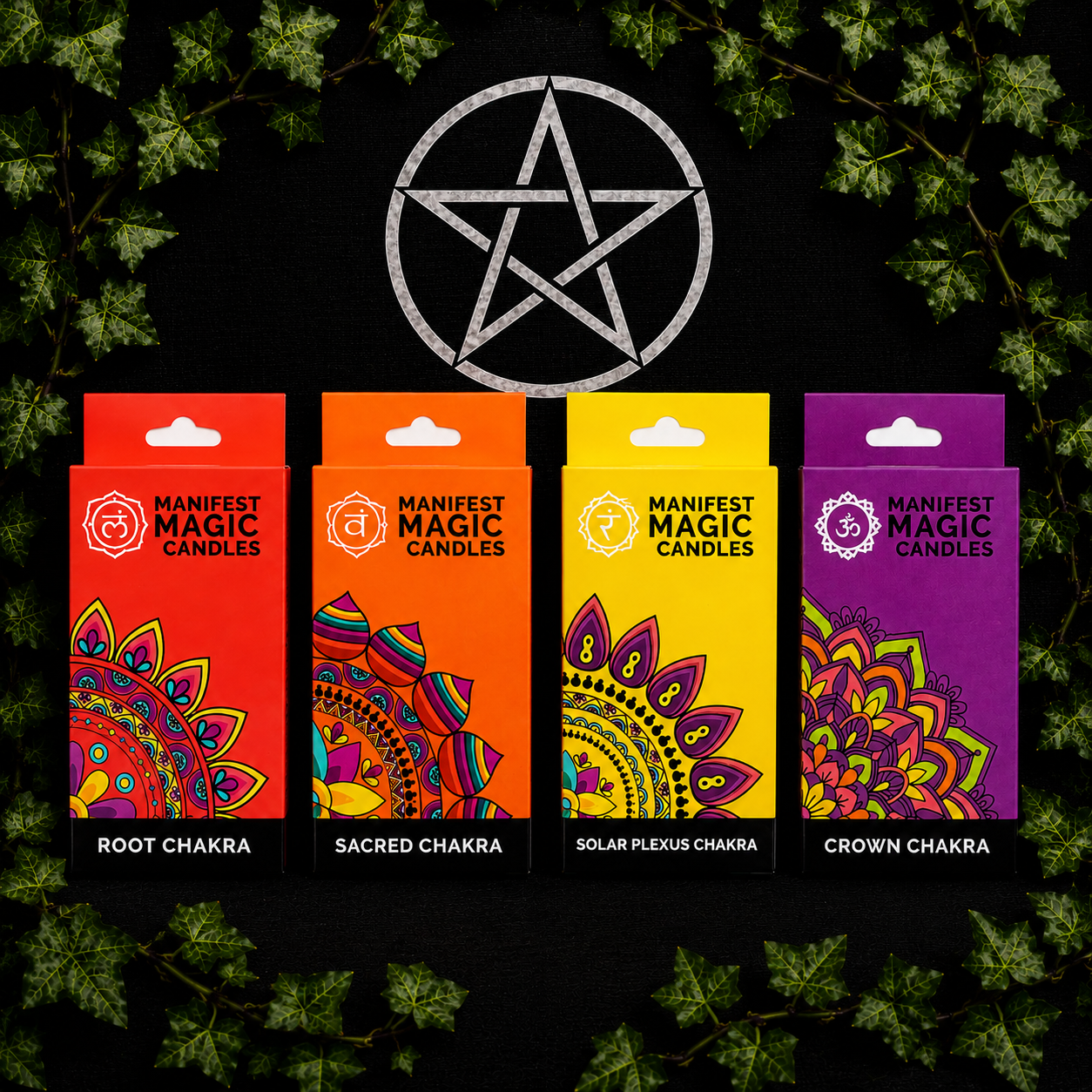 Manifest Magic Chakra Candle Set with 48 ritual candles for chakra healing, meditation, manifestation, spell work and spiritual altar rituals.