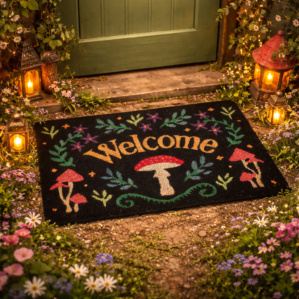 Welcome guests with the Black Mushroom doormat. Mystical forest design with welcome text, perfect for indoor or sheltered entrances.
